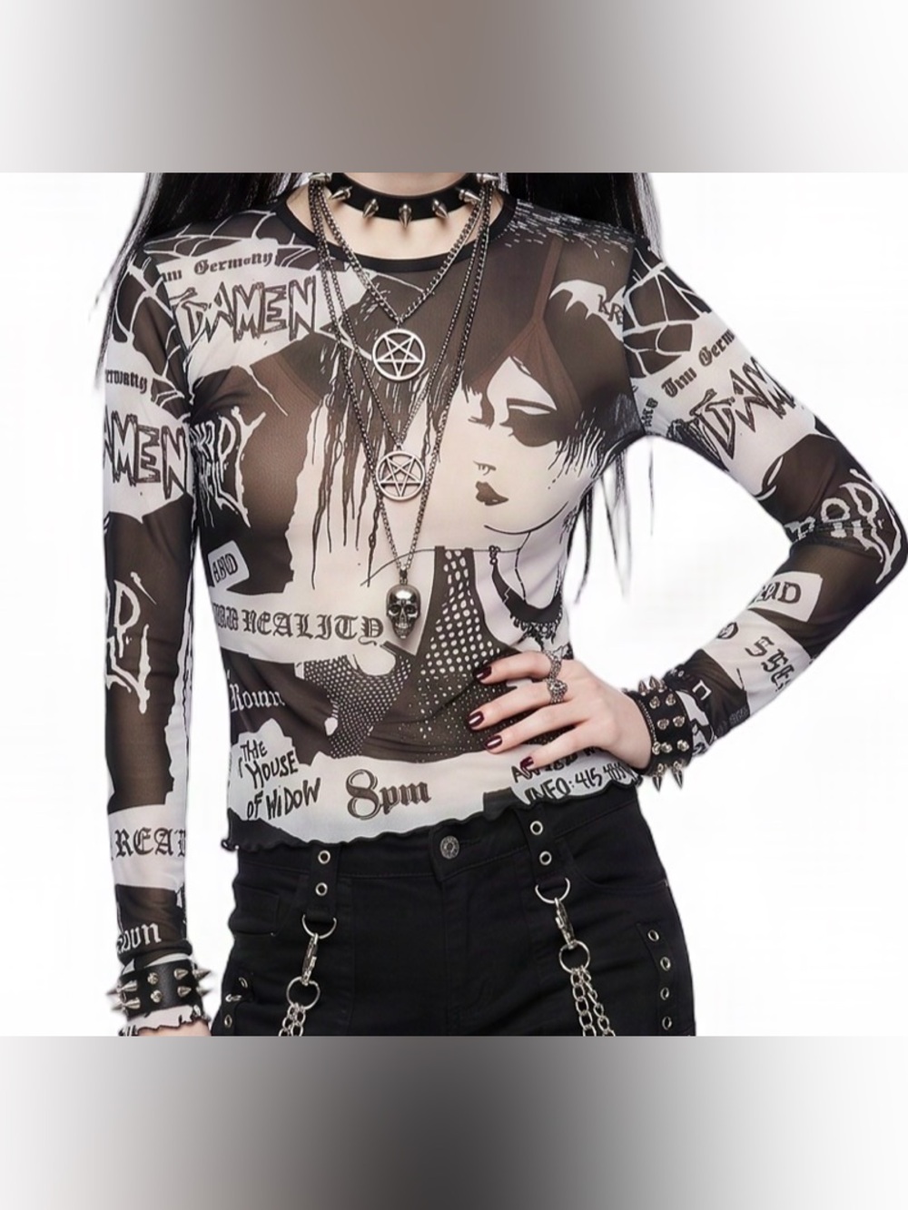 WIDOW by DOLLS KILL Black White Longsleeve mesh top with graffiti graphic print